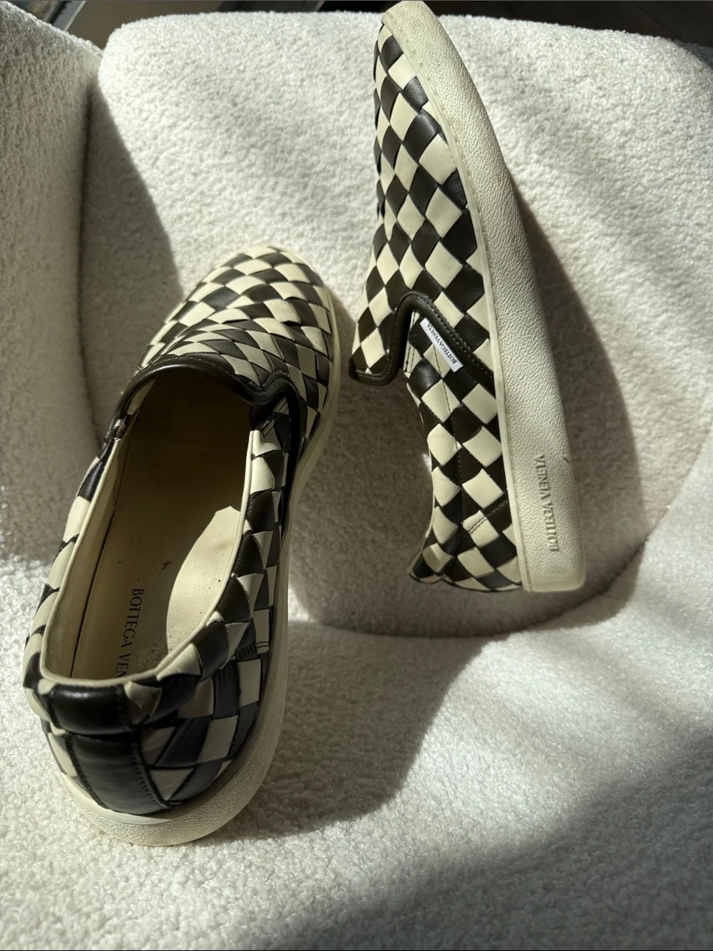 Bottega Veneta Black and White Intrecciato Slip-On Loafers